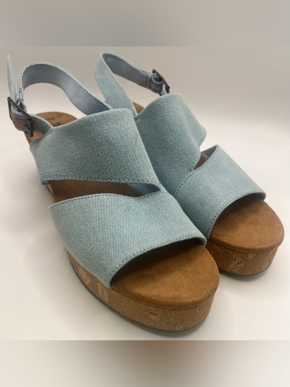 Toms Light Blue Cork Wedge Slingback‎ Sandals, Size:8.5